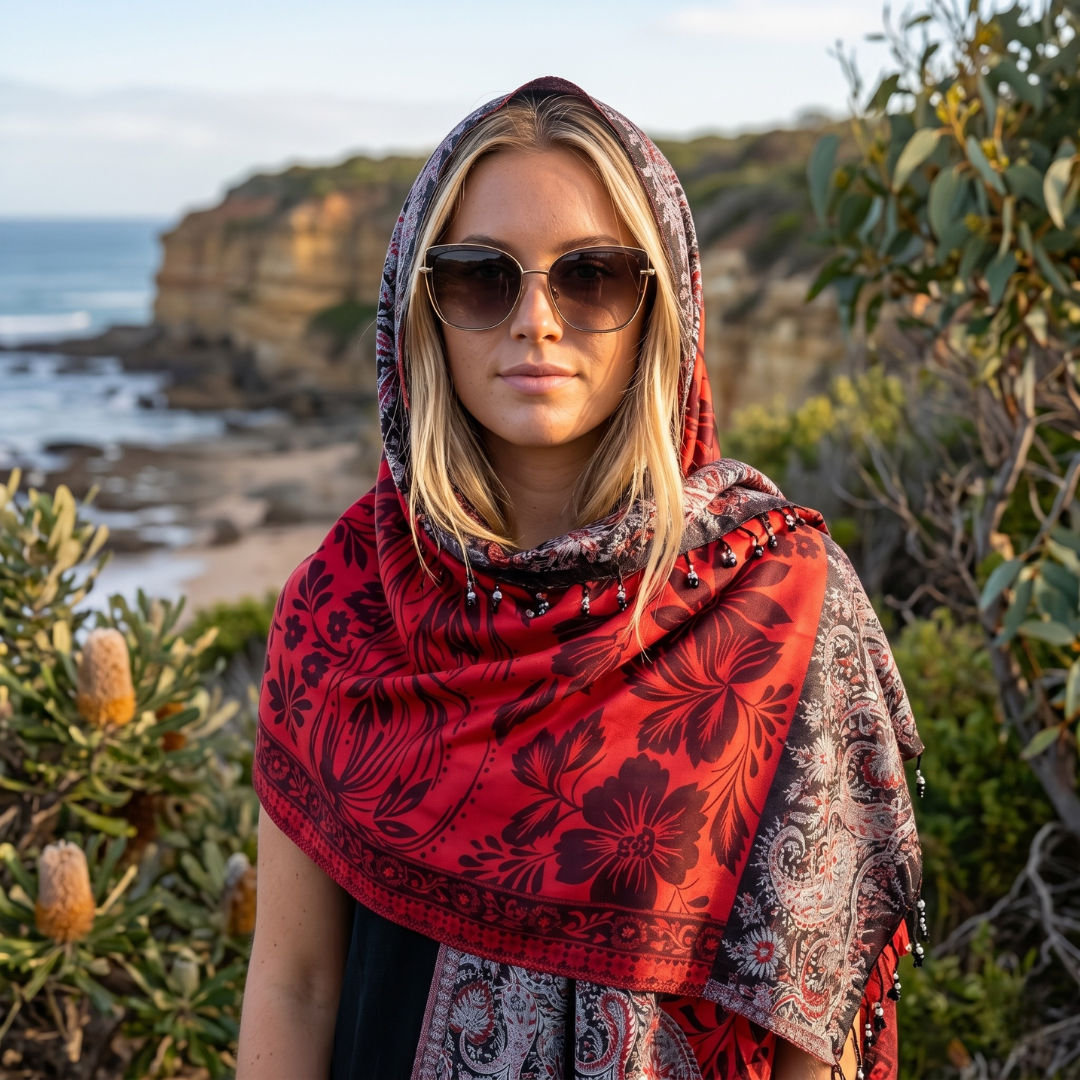 Red Floral Design With Black Kani Cascade